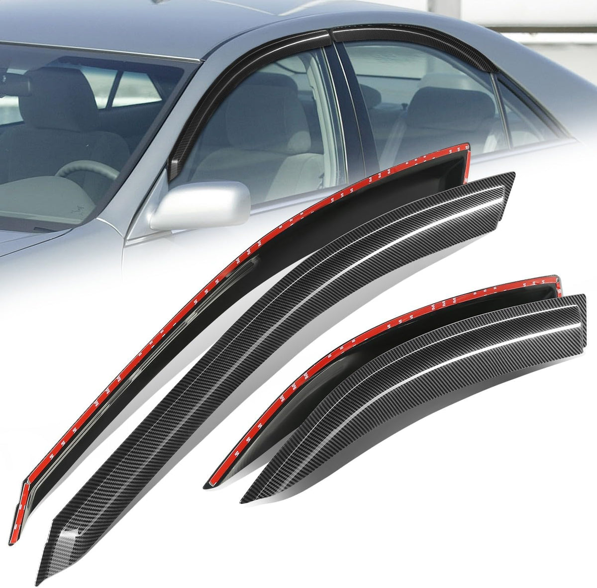 Auto Dynasty 4Pcs Carbon Fiber Pattern Window Visors Compatible with 2002-2006 Toyota Camry, Tape-On Front & Rear Window Deflectors Rain Guards Sun Wind Air Side Vent Shade, Glossy Black