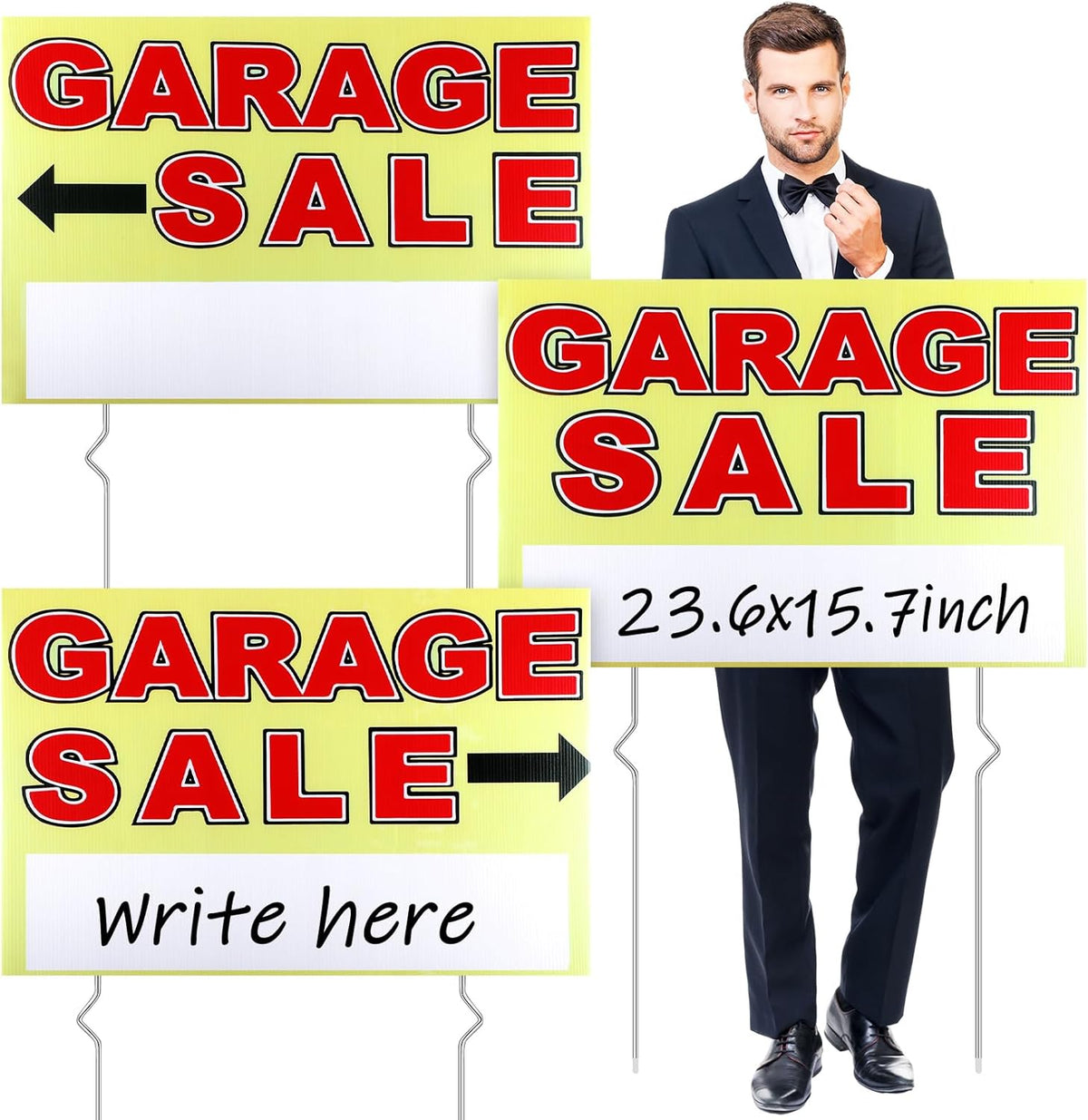 Marsui 3 Pcs Garage Sale Sign 23.6 x 15.7 Inch Double Sided Garage Sale Sign with Stakes Blank Corrugated Plastic Yard Signs with Directional Arrow and Metal Stake