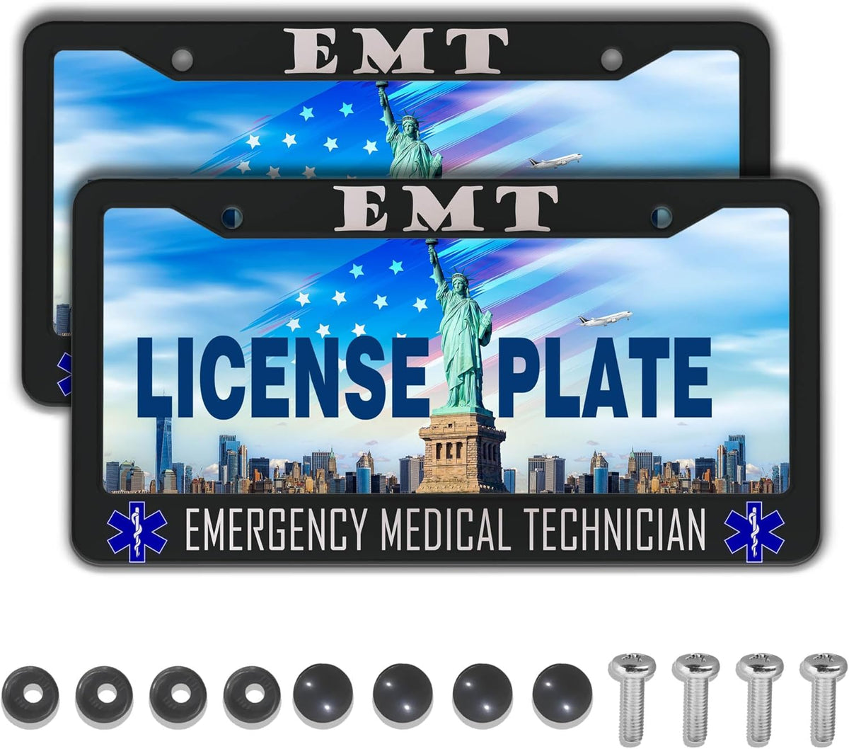 License Plate Bracket Black and White License Plate Frames EMT Emergency Medical Technician Aluminum Metal Car Accessory 2 Pack with Screw Covers Set