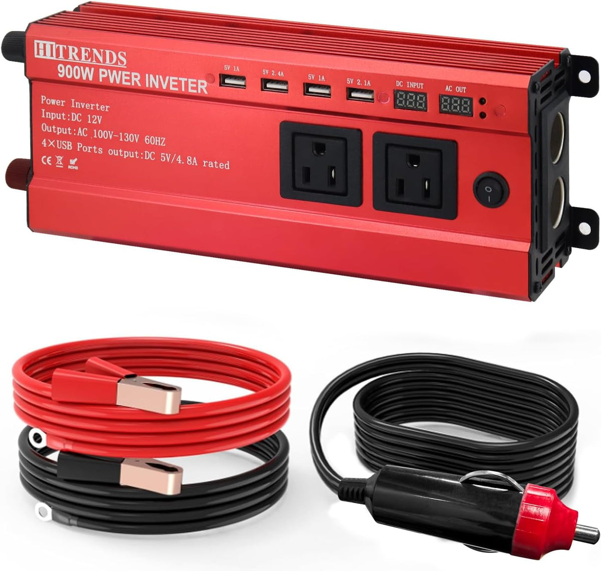 HITRENDS 900W Inverter for Car Power Inverters, 12V DC to 110V AC Converter with 4 USB & 2 AC Outlets, 12 Volt Battery Inverter Car Cigarette Lighter for RV Truck