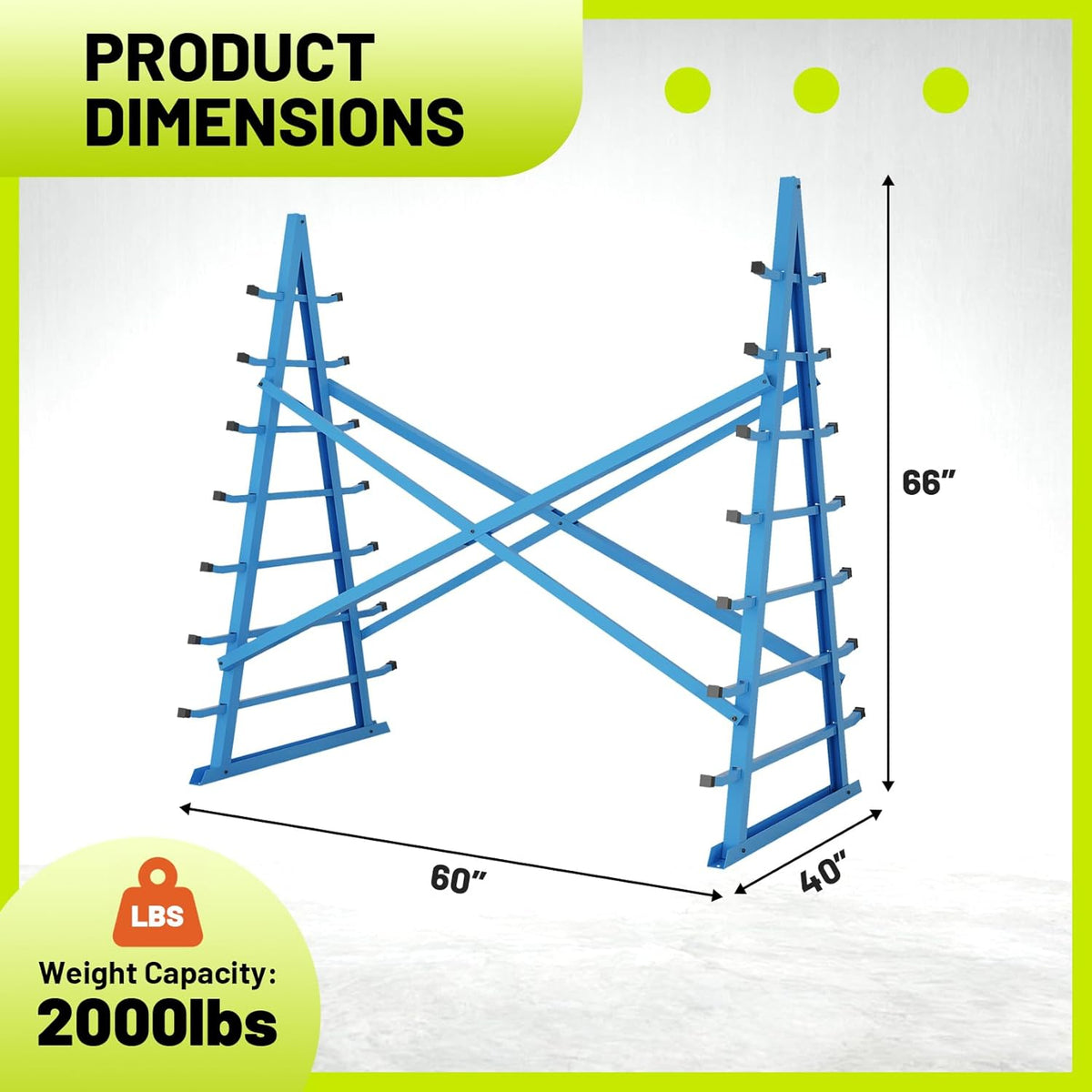 Horizontal Lumber Storage Rack, Heavy Duty 2000 LBS, 60” W x 66” H x 40” D, 7-Tier Metal Garage Shelf with Adjustable Arms for Wood, Pipes, and Building Materials