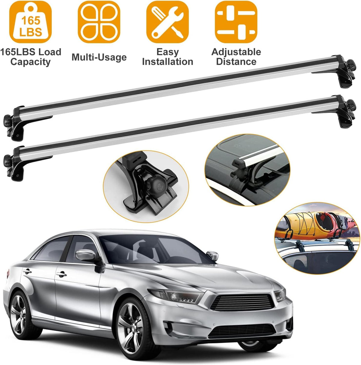 2Pcs Universal Roof Rack Cross Bars，47.24” Aluminum Cross Bars with 165LBS Capacity，Lightweight Car Roof Rack Cross Bars for Most Car Without Roof Side Rail for Bike Kayak Cargo Luggage