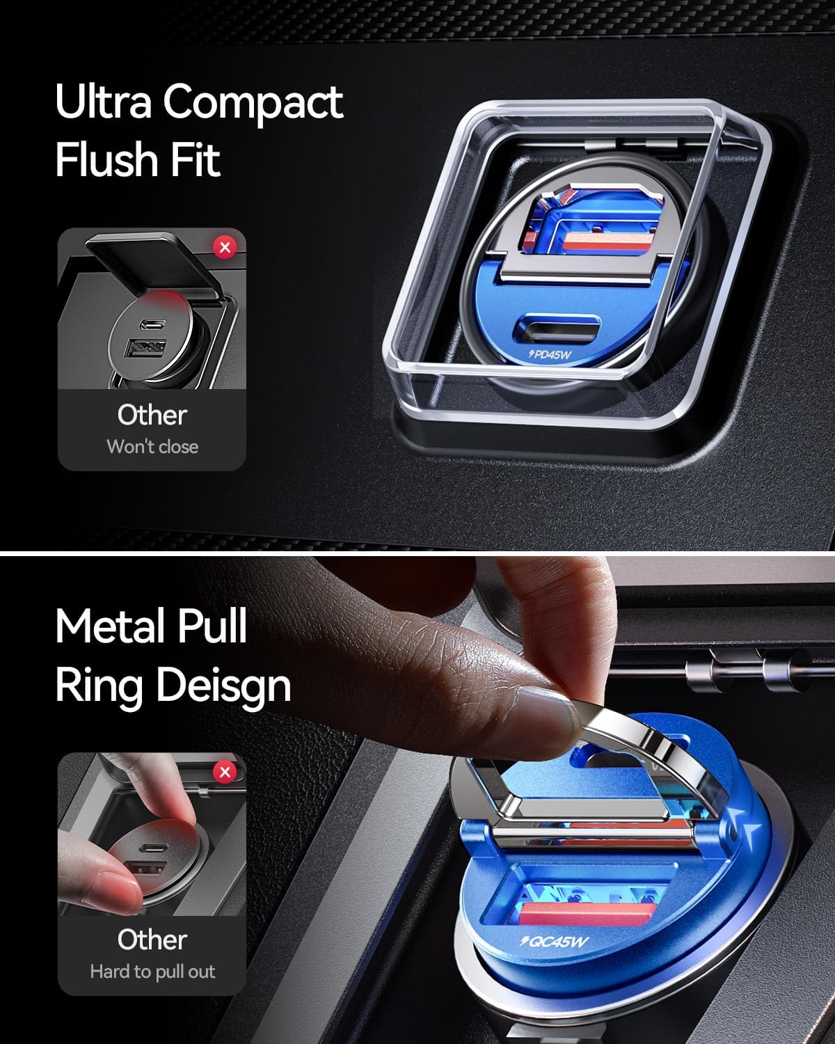 MRGLAS 90W USB C Car Charger Fast Charge, PD45W & QC45W, Flush Fit, Extra 3.3ft Type C Cable, All Metal, Cigarette Lighter USB Charger for iPhone 16 15 Samsung S25 S24 S23 Ultra Pixel 8/8Pro/7-Blue