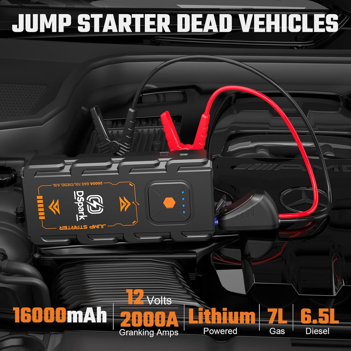 G21C Battery Jumper Starter Portable 2000A Car Jump Starter Portable Battery Booster for 7.0L Gas and 6.5L Diesel Engines 12V Jump Box with USB Quick Charge LED Flashlight and Compact Storage Case
