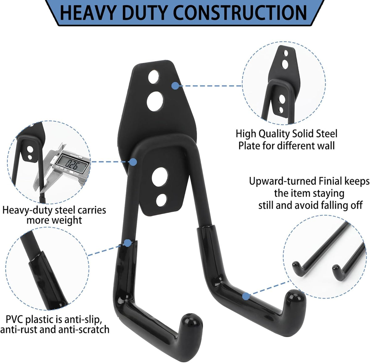 Wall Mount Heavy Duty Garage Hooks (4-Pack) – Wall Mounted Storage Hooks for Ladders, Bikes, Tools & More – Rust-Resistant Steel with Anti-Slip PVC Coating Small U Hooks
