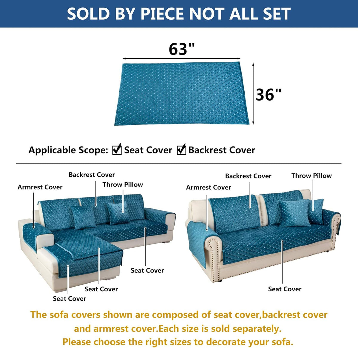 Eismodra Couch Cover,Sectional Couch Covers,Sofa Covers for 3 Cushion Couch,Anti-Slip Sofa Slipcovers for Dogs Cats Kids Loveseat Recliner L Shaped Armrest Backrest,Blue 36''x63''(Only 1 Piece)