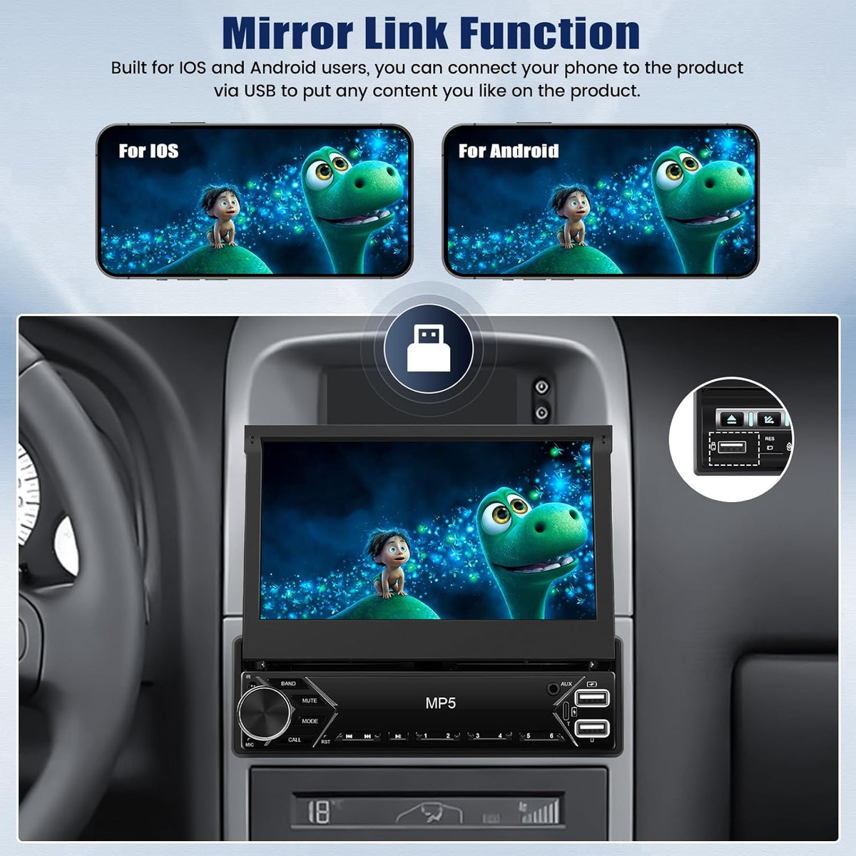 Single Din Touchscreen Car Stereo with Wireless Carplay&Android Auto,7 Inch Car Radio Flip Out MP5 Play with BT FM Radio EQ Mirror Link Car Audio with USB/TF/AUX-in SWC+Backup Camera+Microphone