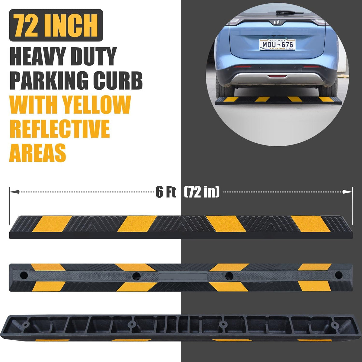 72" in 6' Ft Heavy-duty Rubber Parking Curb, Installation Kits Included, Parking Garage Floor Stopper, Wheel Stopper for Vehicles Truck Driveway Protect Cars Vans Trucks Pumpers (72" - 2Pack)