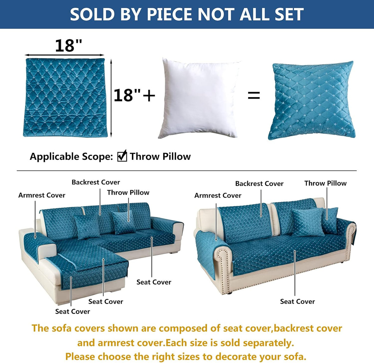 Eismodra Throw Pillows,Couch Cover,Sofa Cover,Sectional Couch Covers for 3 Cushion Couch,Sofa Slipcovers for Dogs Cats Pet Loveseat Recliner Leather L Shaped,Blue 18 x 18 Inches (Only 1 Piece)