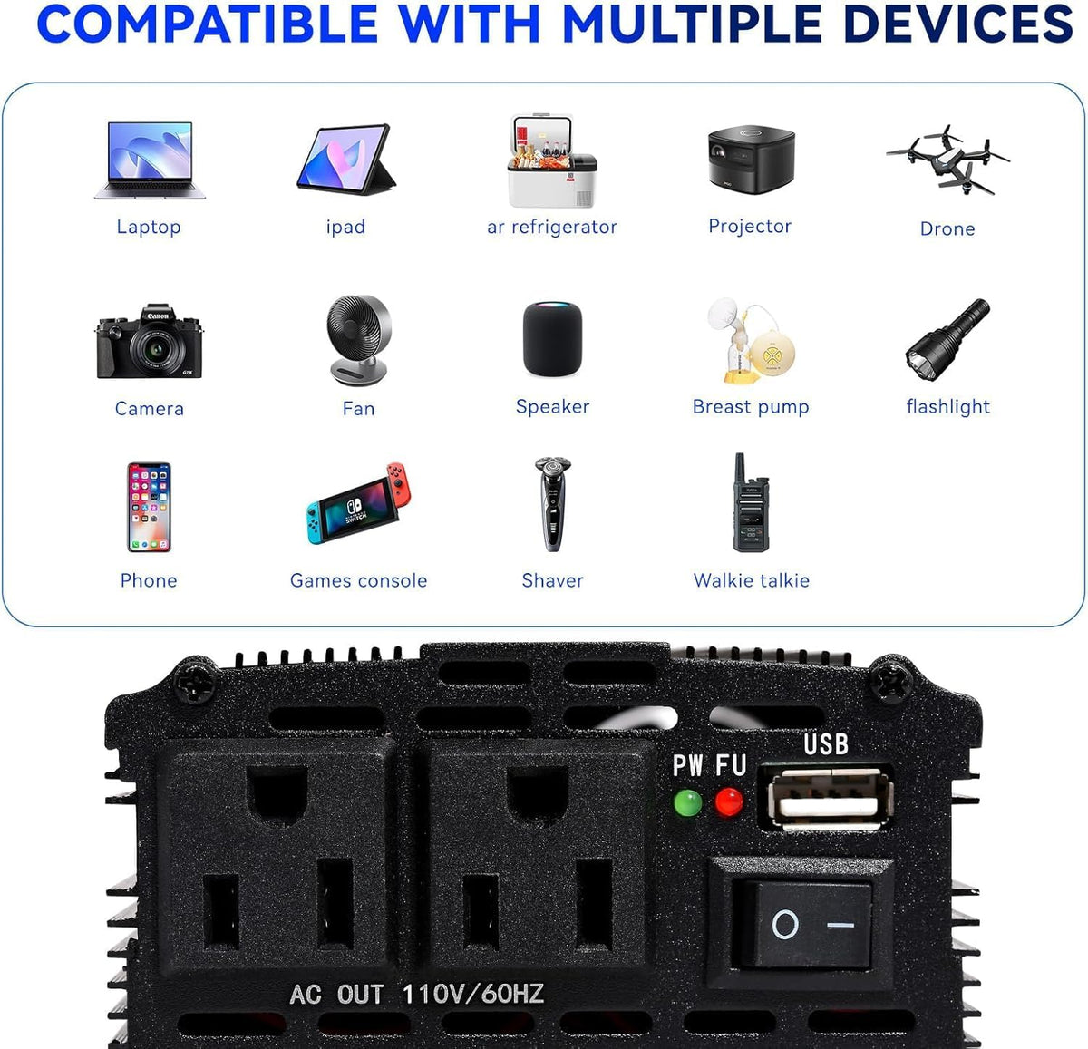 Power Inverter 1000W,Inverter 12v to 110v Car Power Inverters for Vehicles, DC to AC Car Plug Adapter Outlet Converter for Laptop Vehicles Camping Road Trip Essentials Adults