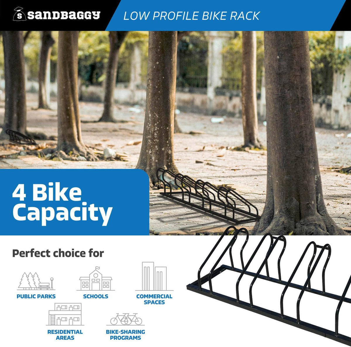 Sandbaggy Commercial Low Profile Bike Rack - Outdoor, Surface Mount, Steel - 4 Bike (4 Capacity (Low-Profile), 10)