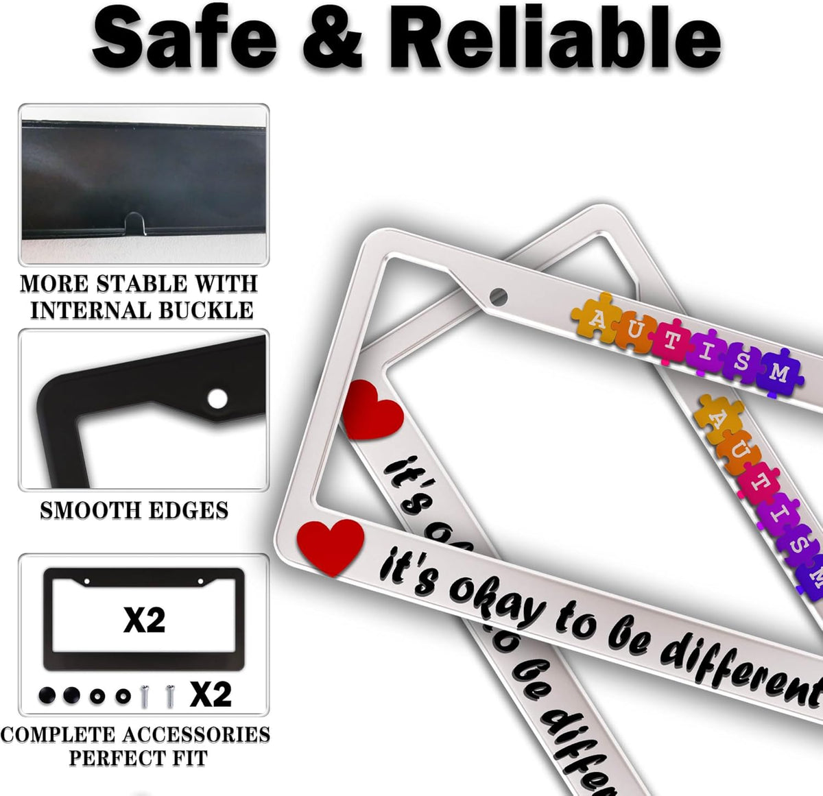 Automotive Exterior Accessories Multicolor License Plate Frames Autism It’s Okay to Be Different Aluminum Metal Car Accessory 2 Pack with Screw Covers Set