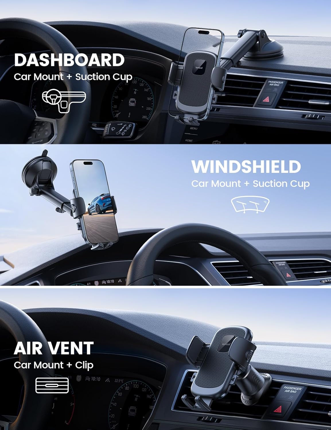 Lamicall Car Phone Holder Mount [3-in-1 Military-Grade Suction Cup] 360° Rotation Phone Holders for Your Car [Metal Hook] Cell Phone Car Mount Dashboard Vent Windshield for iPhone 16 All Smartphone