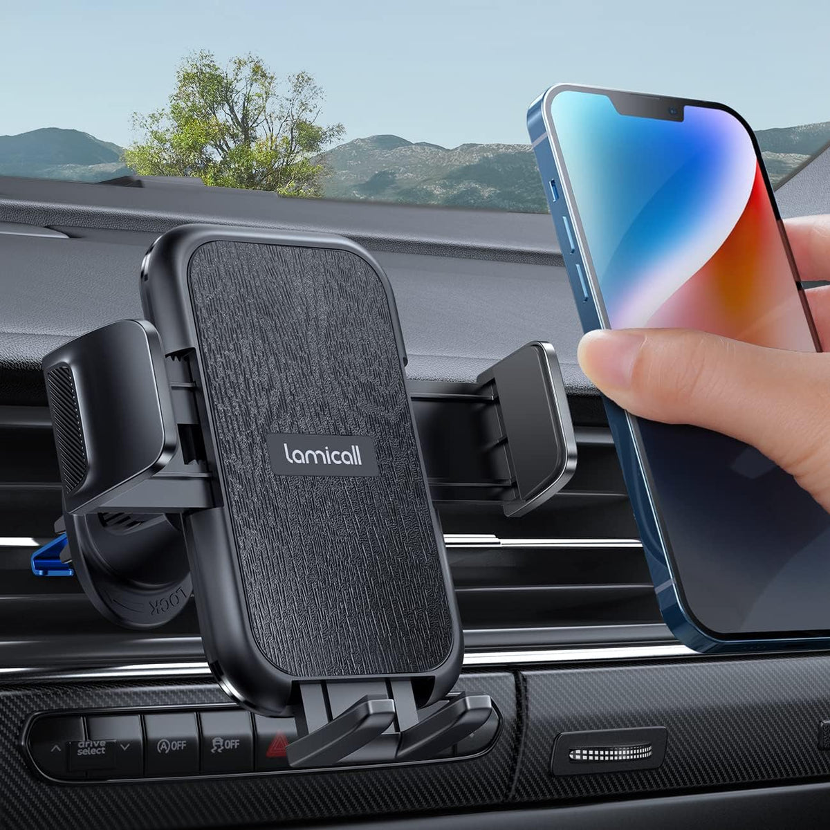Lamicall 2025 Wider Clamp & Metal Hook Car Phone Holder Vent [Thick Cases Friendly] Phone Holders for Your Car Mount Automobile Hands Free Cradle Air Vent for Smartphone (Wood Grain)