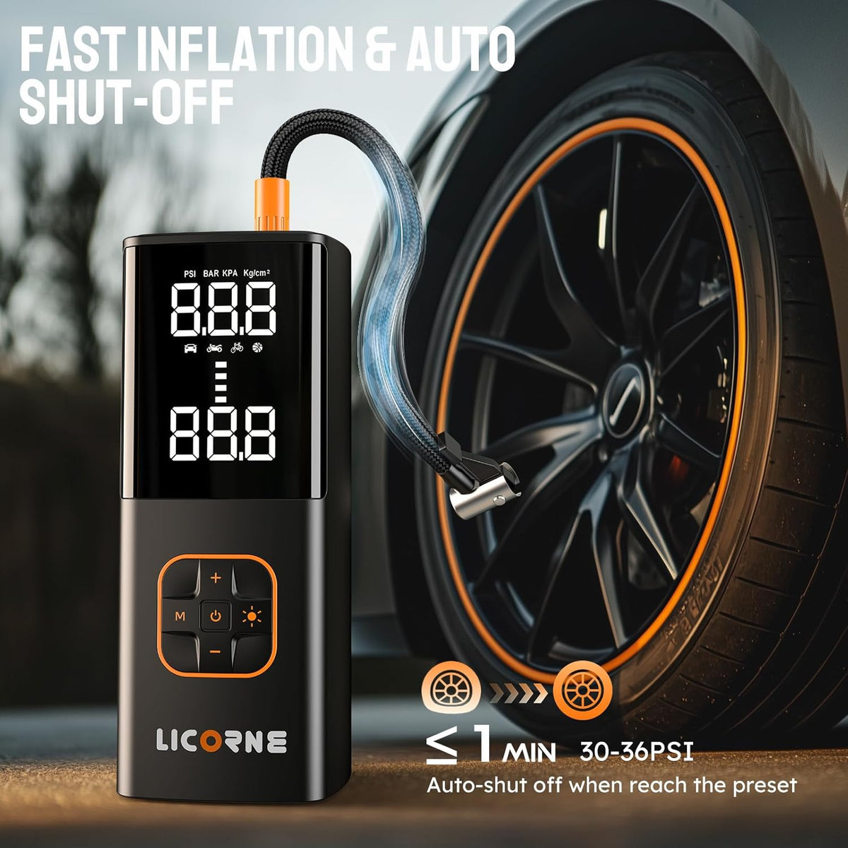 Tire Inflator Portable Air Compressor, 5X Faster Portable Air Pump for Car Tires with Powerful Battery, 180PSI Cordless Air Pump with Digital Pressure Gauge for Cars, Bike & Motorcycle Tires, Ball