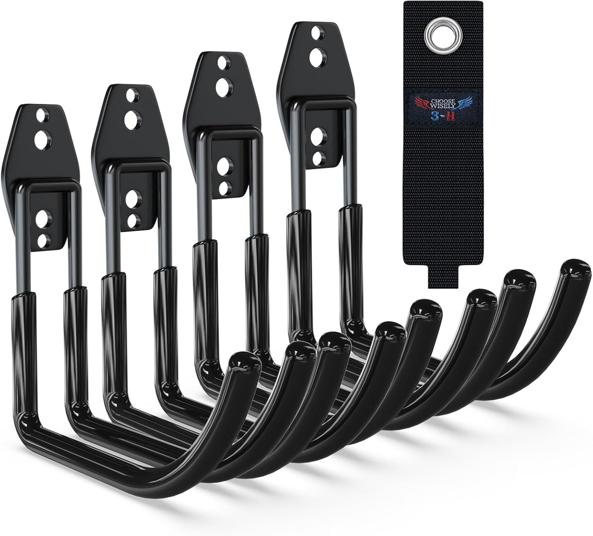 3-H Large Garden Hose Holder Wall Mount 4 Pack,Solid Steel Hose Hanger,Water Hose Holders for Outside,Perfect for Hanging Outdoor Air Hose,Ropes,Pipes,Garden Tools,Ladders,Bikes,Bulk Items(Black)