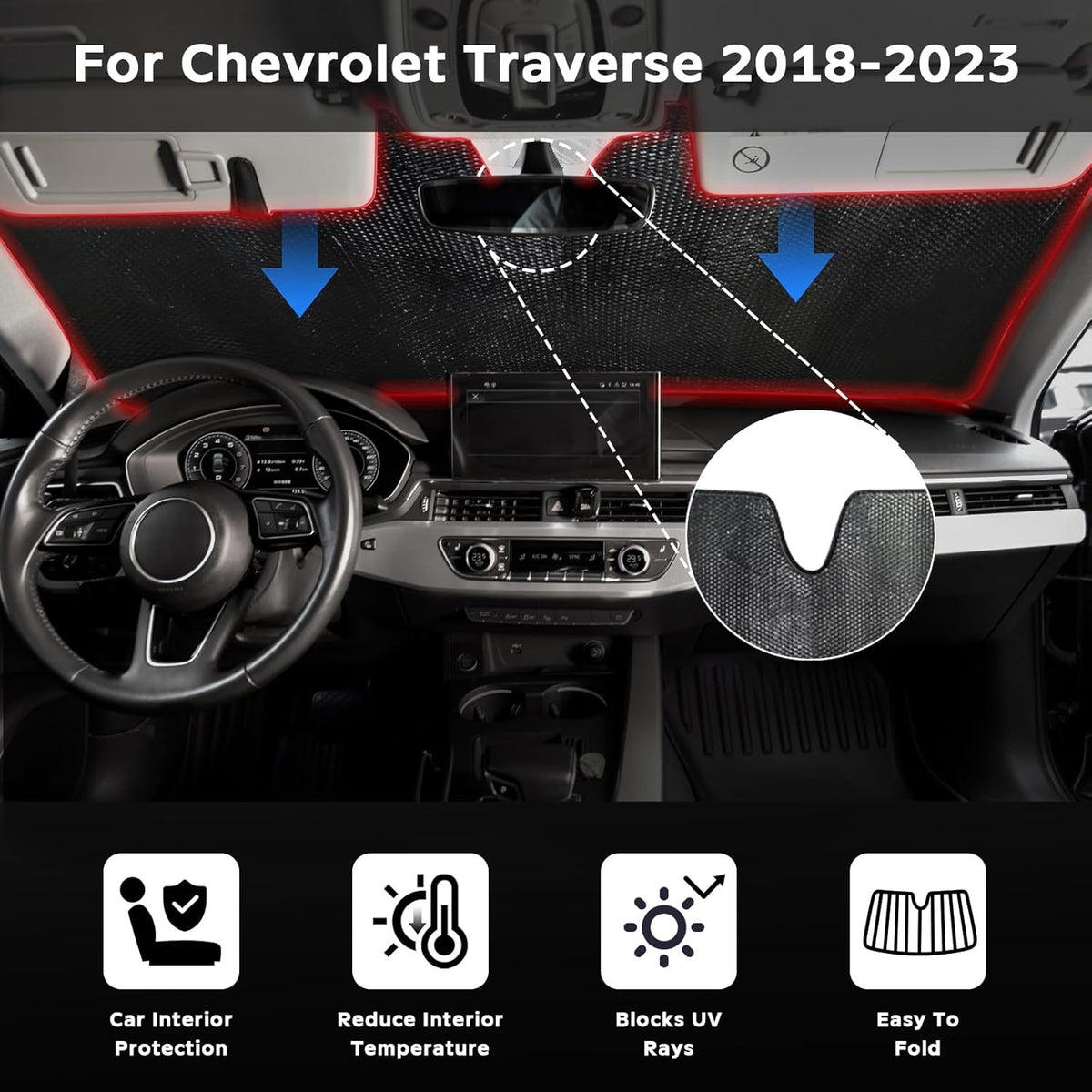 Windshield Sun Shade for 2018-2023 Chevrolet Traverse LS LT RS Redline Premier High Country SUV - 5-Layer Bubble Front Window Shade Sun Visor Accessories - Blocks Heat & UV Rays