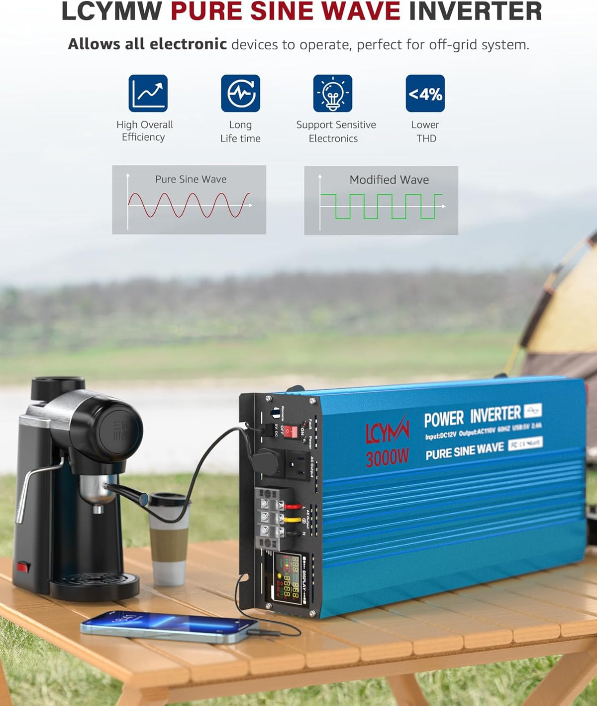 3000 Watt Inverter Pure Sine Wave DC 24V to 110V/120V AC Power Inverters with 2 AC Charger Outlets 6000W Peak Car Solar Converter for Vehicles Home with LCD Display and 2.4A USB Charging Port