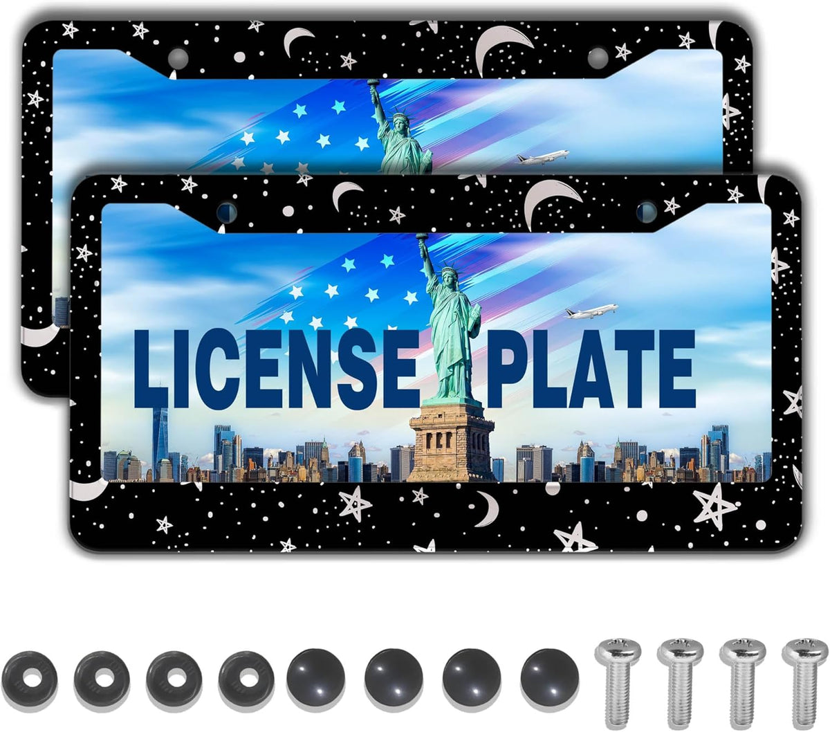 License Plate Frames Black and White License Plate Covers Night Moon Star Black Print Aluminum Metal Car Accessory 2 Pack with Screw Covers Set
