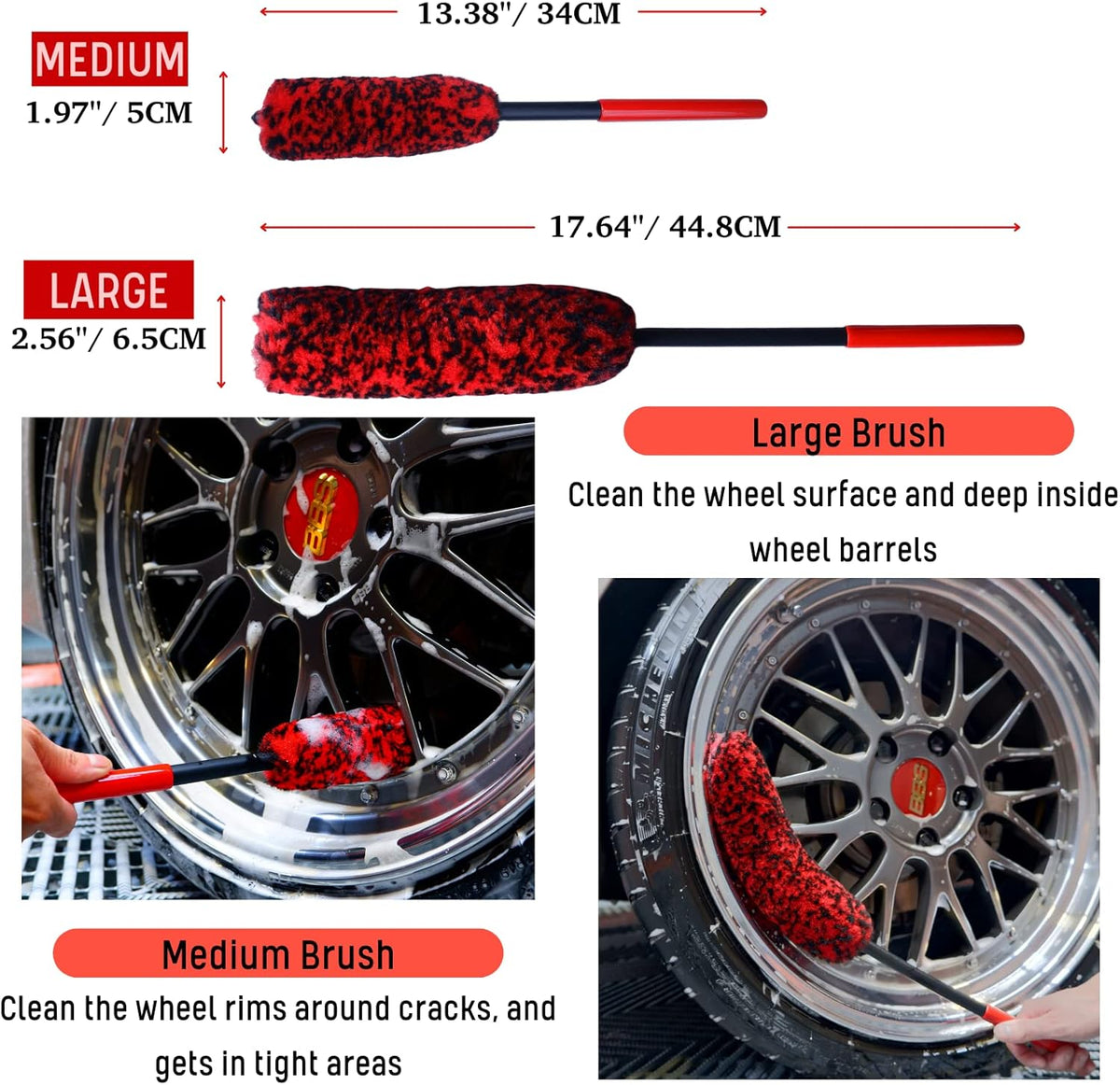 Professional 4 Pack Long Handle Wheel Brush Kit for Cleaning Wheel and Tire- 2X Soft Wheel Cleaning Brush, Detailing Brush and Stiff Tire Brush, Bendable& Durable Wheel Rim Cleaner Brush Set