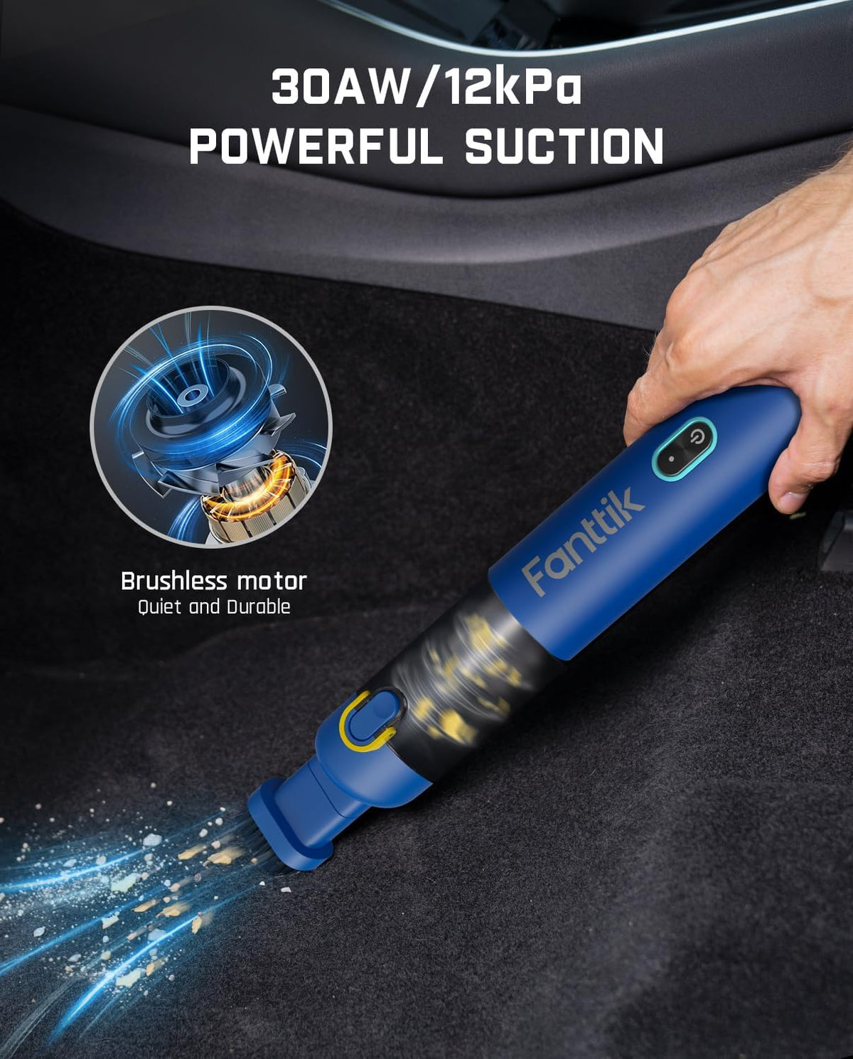 Fanttik Slim V8 Mate Cordless Car Vacuum Suction Power 12000Pa, Portable Mini Vacuum with Flexible Hose and Pet Brush, Type-C Charge, Portable for Car, Office Desk, Keyboards, Blue