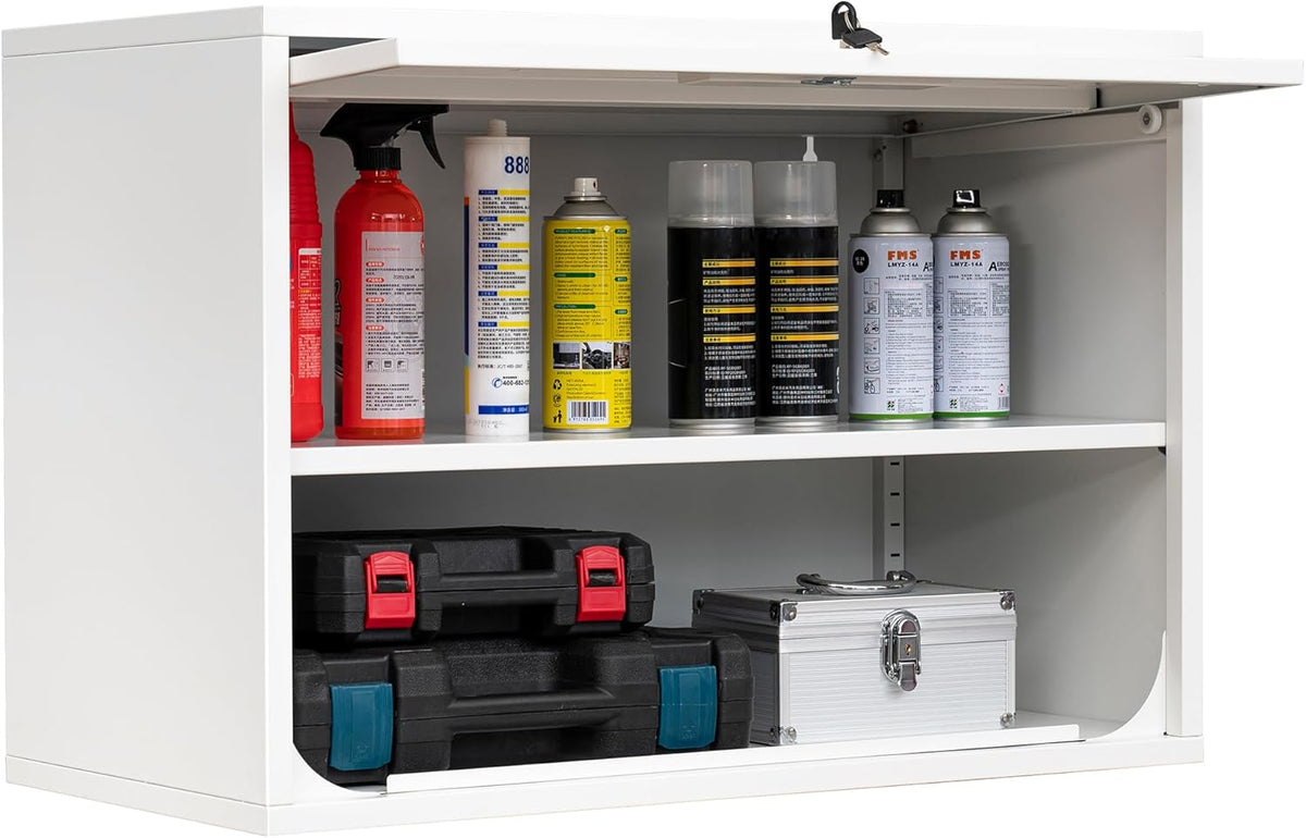 Metal Storage Cabinet White Wall Cabinets with Shelf and Locking Door - Wall Mounted Storage Cabinet for Garage Warehouse Home Office - Assembly Required