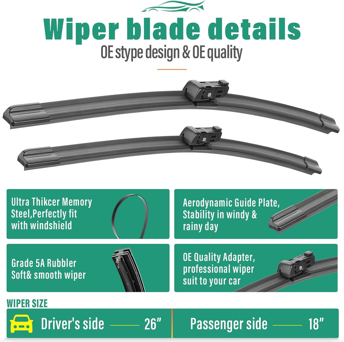 26" 18" 12" Windshield Wiper Blades Replacement for VW Volkswagen Taos 2022 2023 2024 Premium All Weather Front Rear Wipers Set - OEM Quality (Pack of 3)
