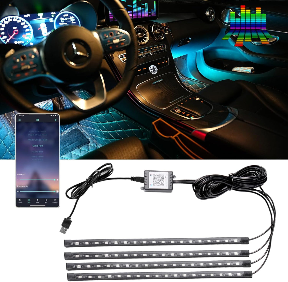 Smart USB Interior Car LED Strip Light with App Control,RGB Neon Atmosphere Lights, USB 5V Ambient Night Light Decorative Lamp, Multi Color Strip Light for Cars with Music and DIY Mode (RGB 72LEDs)