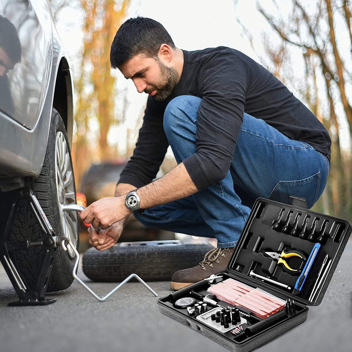 Tire Repair Kit, 102 Pcs Heavy Duty Tire Plug Kit for Car, Universal Tire Patch kit to Fix Punctures and Plug Flats, tire Repair Plugs Truck, RV, ATV, Tractor, Trailer