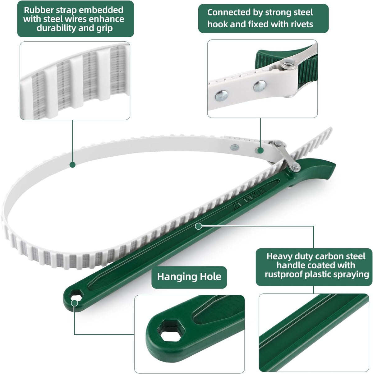 15" Belt Strap Wrench with Adjustable 36" Steel Wire Rubber Strap, Multipurpose Oil Filter Removal Tool