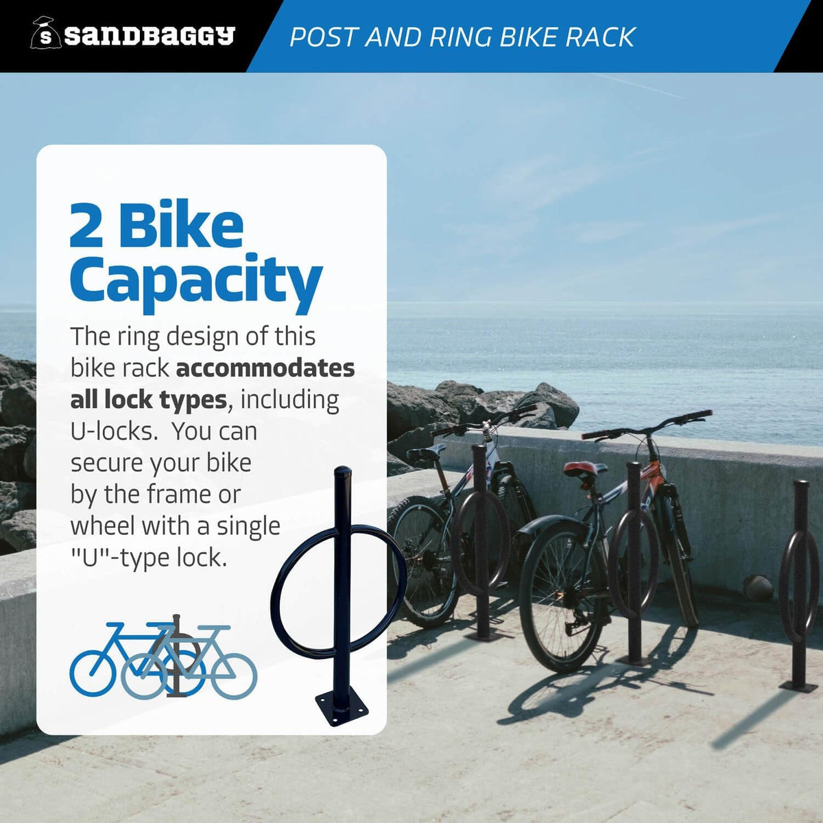 Sandbaggy Post and Ring Bike Rack - Commercial Bike Racks - Galvanized Steel - Anti-Theft Design - In Ground, Apartments, Sidewalks, Industrial (Blue, 10)