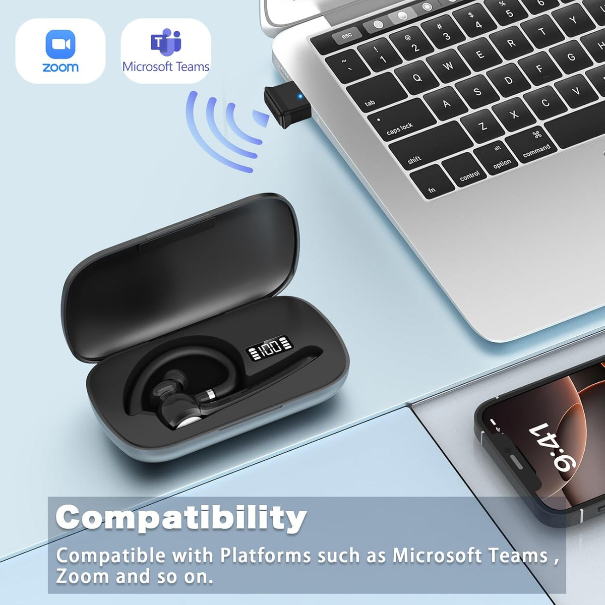 Bluetooth Headset, Wireless Bluetooth Earpiece with 500mAh Charging Case 72 Hours Talking Time Built-in Microphone for iOS Android Cell Phone, V5.1 Hand-Free Headphones with USB Dongle