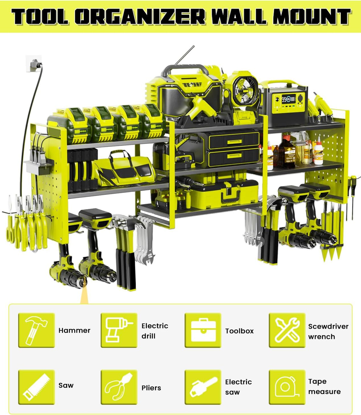 Heavy-Duty 48" Wall Mount Power Tool Organizer with Charging Station – 3-Tier Garage Organization Rack for Drills, Wrenches & Tools – Includes 16 Hooks & Pegboard Sides