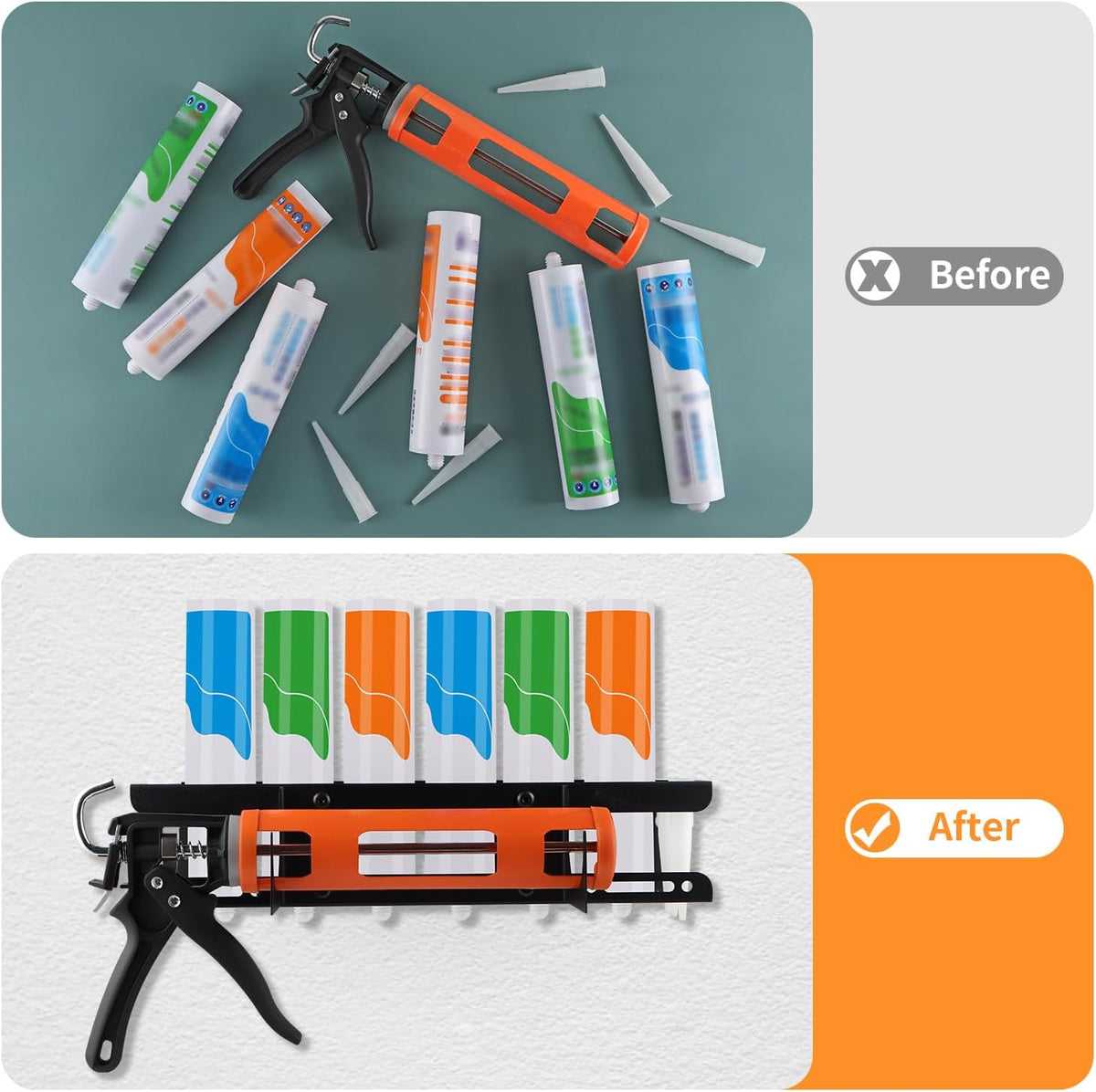 Caulking Gun Holder, Metal Caulk Tube Storage Rack, Wall Mount Caulking Tools Organizer for Garage, Workshop and Work Van