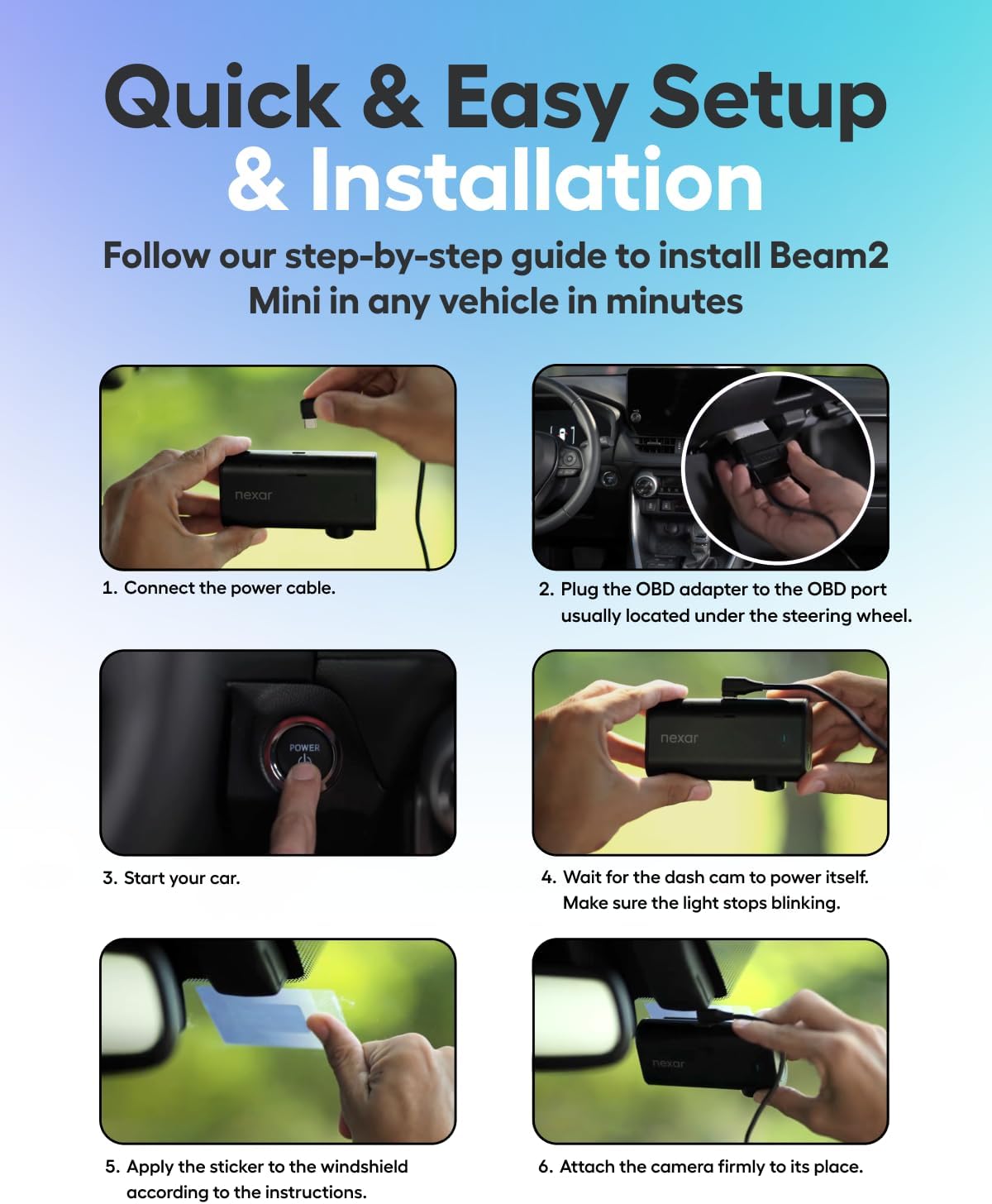 Nexar Beam2 Mini Dash Cam Car Camera 128GB Storage 24H Parking Mode Wide Angle FHD Lens Wireless Dash Camera for Cars Includes $25 OBD Hardwire Kit for Continuous Power