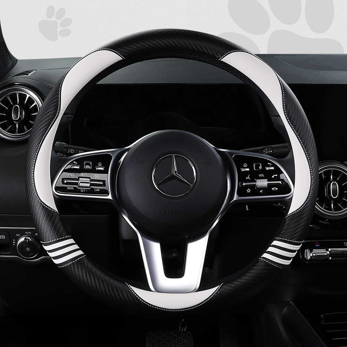 Car Steering Wheel Covers for Women Padded Carbon Fiber PU Leather Cute Auto Interior Accessories for Vehicle, Sedan, Universal, Anti Slip, White, Standard Size 14.5-15"(37-38cm)