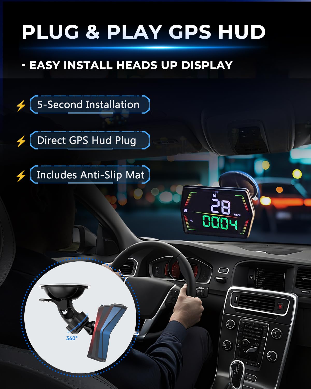 GPS Heads Up Display for Cars HUD, Real-Time Digital Gauge Speedometer, Upgraded 4" Large-Screen, 3-Level Speed Alerts & Fatigue Warning Suitable for All Vehicles