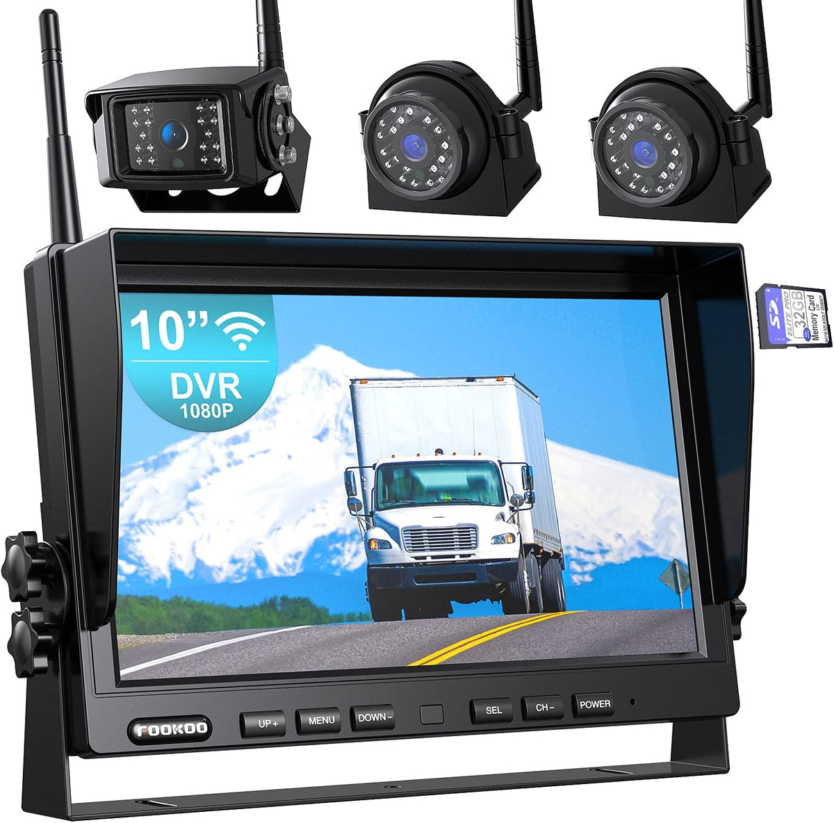 Fookoo HD 1080P 10" Wireless Backup Camera System, 10-inch Quad Split Screen Monitor w/Recording, IP69 Waterproof Side Rear View Cameras, Digital Signal, Parking Lines for RV/Truck/Trailer