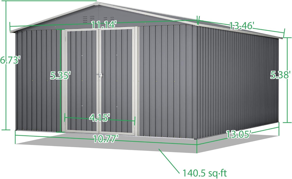 Large Outdoor Storage Shed, 11' X 13' Metal Galvanized Steel Garden Shed with Floor Frame, Utility Tool Shed Storage House for Backyard, Patio, Lawn