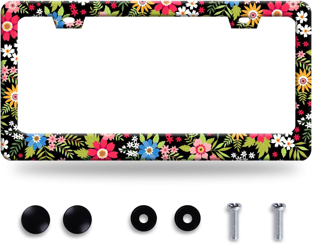 Folk Art Flowers License Plate Frame Funny Colorful License Plate Frames Stainless Steel Accessories Cars Decor with 2 Holes and Screws Fits Standard Us Ca Vehicles License Plate Holder 12.2 X 6 Inch