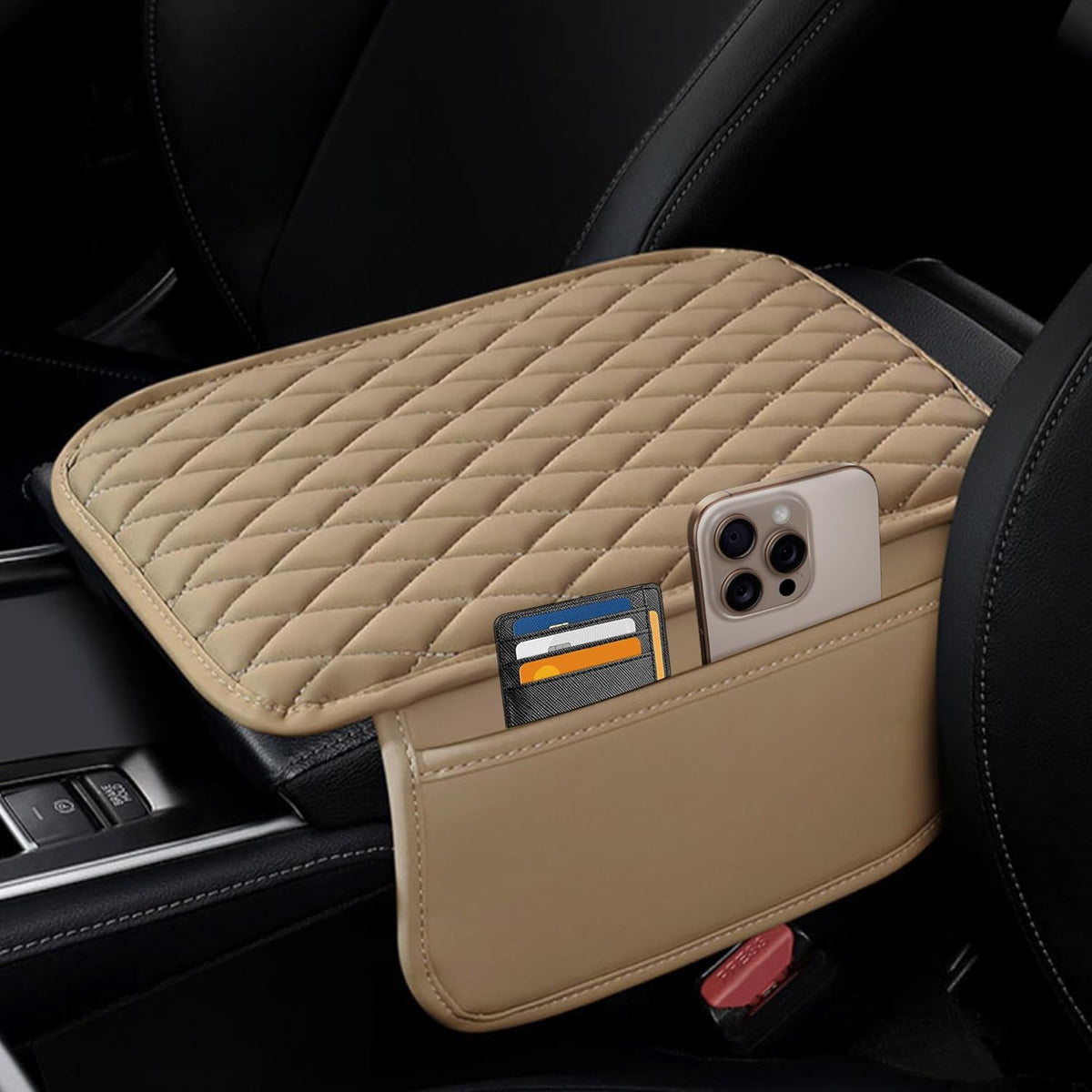 Car Center Console Cover, Upgraded Leather Armrest Seat Box Cover with 2 Storage Bags, Universal Waterproof Car Armrest Cover Cushion Comfortable Car Decor Accessories for Most Vehicles (Beige)