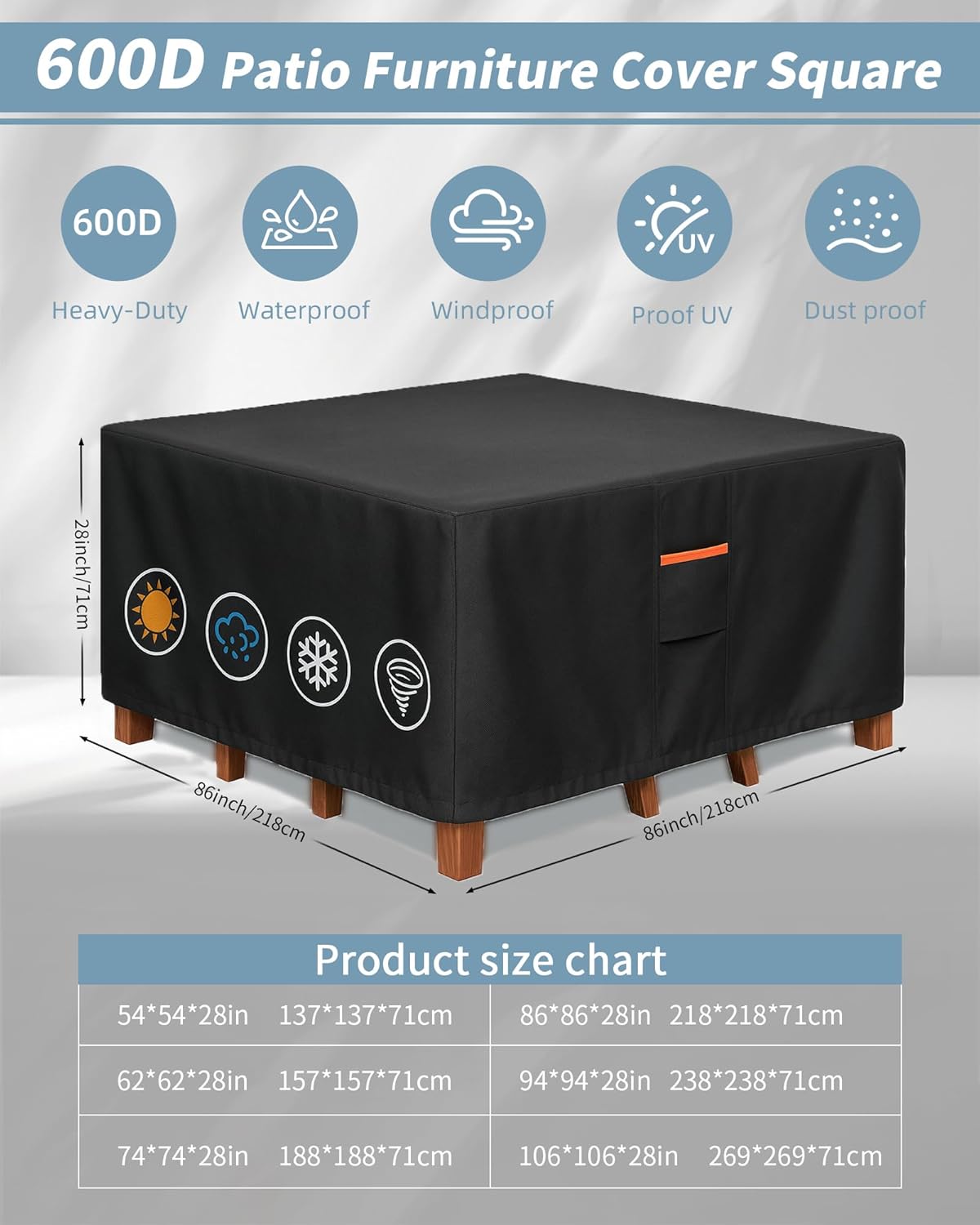 Outdoor Waterproof Furniture Cover, 86W x 86L x 28H inches Heavy Duty 600D Square Table and Chair Set Protection, Black