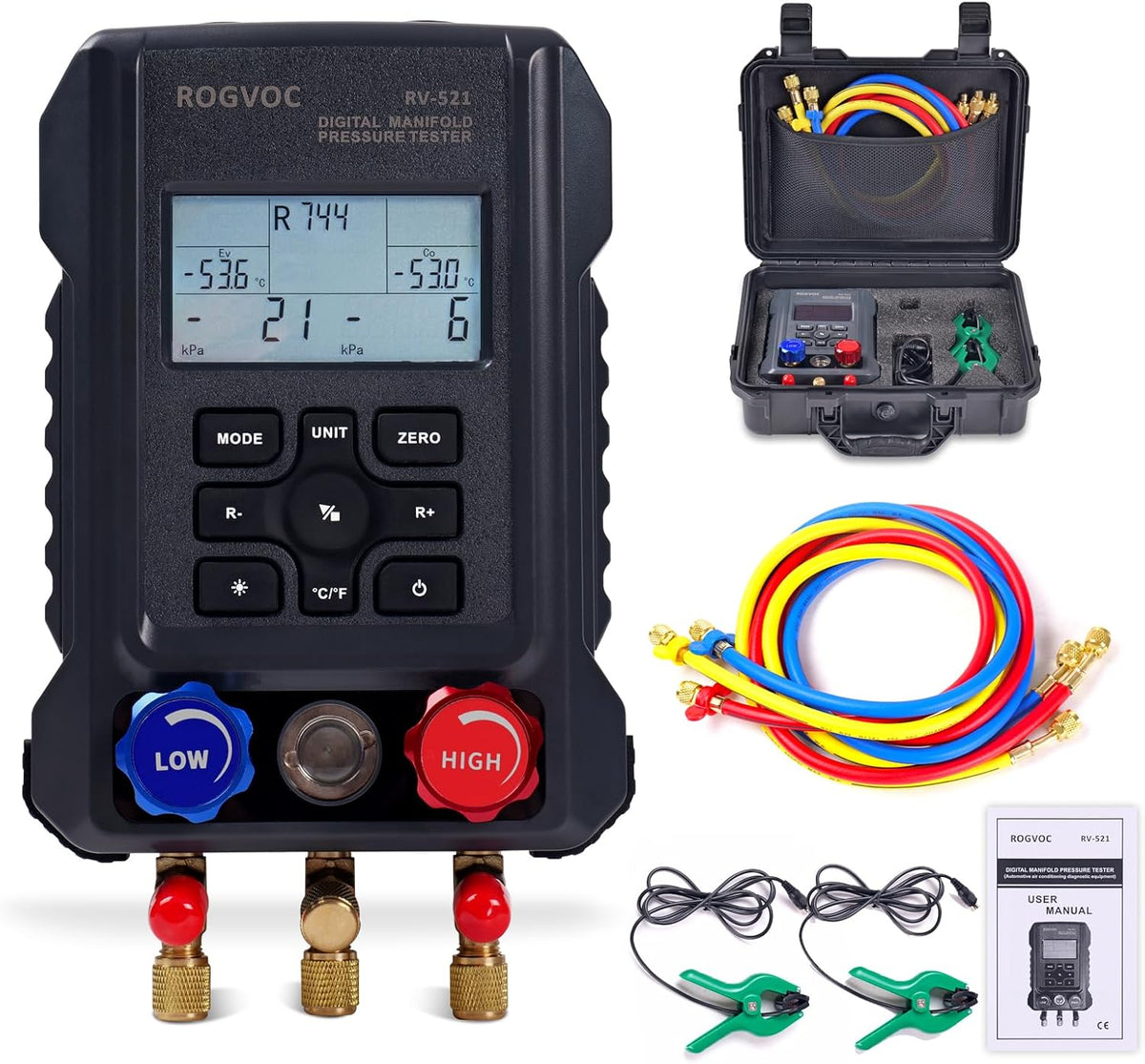 Digital Manifold Gauge, HVAC Refrigerants Digital AC Gauges Set with 2 Thermometer Clamps and 3 Hoses, for R22/R410A/R134A/1234YF Refrigerant Recharge Kit