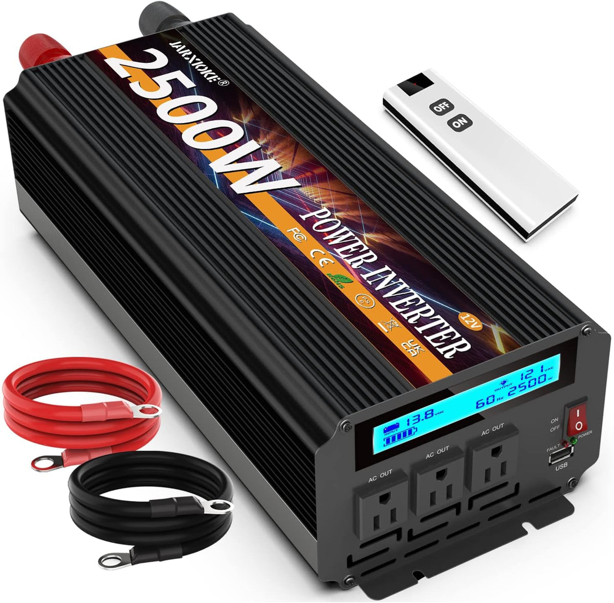 2500W Power Inverter 12V DC to AC 110V/120V (Peak) 5000W Converter 3 sockets car Inverter with Remote Control and LED Display 3.4A USB Port