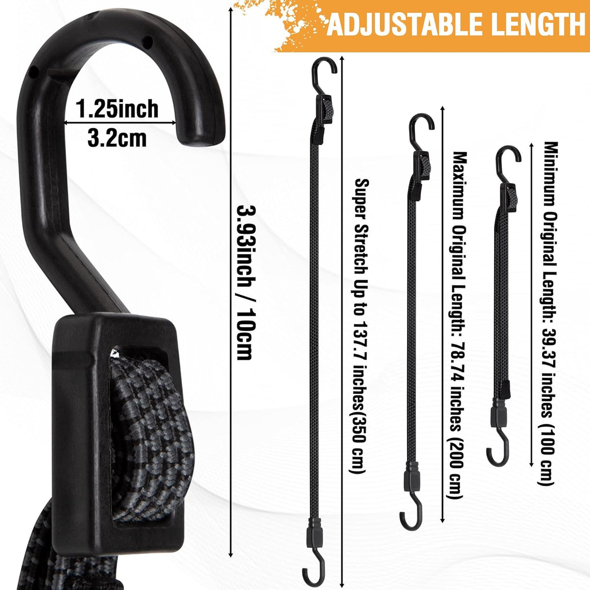 Bungee Cords with Hooks Heavy Duty, Flat Adjustable Bungee Cords with Hooks 80 Inch, Rubber Black Bungee Straps with Buckle Hooks for Outdoor, Camping, Tarps, Bike Rack, Tent, Truck, 4 Pack
