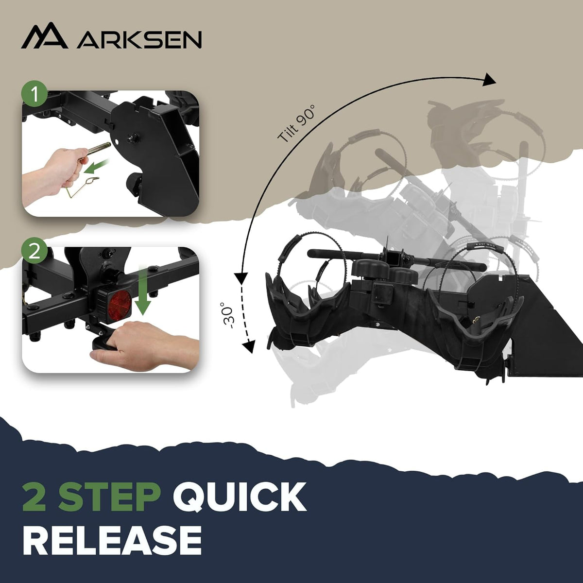 Arksen Electric Bike Rack Hitch, Foldable Quick Release Smart Tilting 2 Ebike Rack Platform Style Carrier w/Car Lock for Up to 5.5" Fat Tires for Car, SUV, Trucks - 170 lbs Heavy Weight Capacity