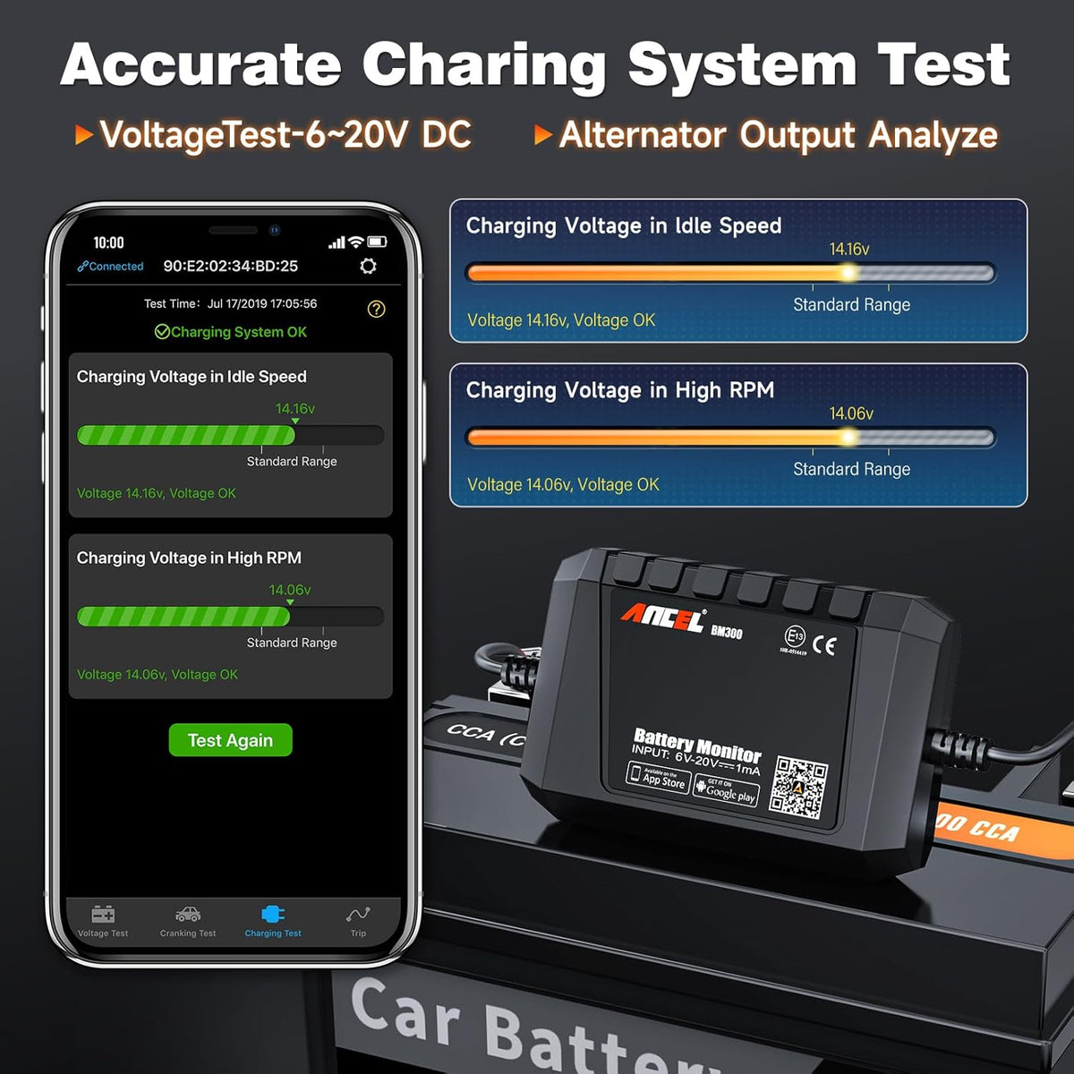 ANCEL BM300 12V Battery Monitor, Bluetooth 4.0 Automotive Voltmeter with Charging, Cranking System Test & Alarm - Compatible for Solar Power Systems, RVs, Motorcycles, Boats, Cars, and Trucks