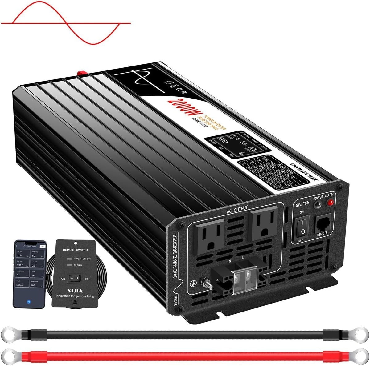 2000W (Peak Power 4000W) Pure Sine Wave dc to ac Inverter Remote Switch DC 24V to AC 120V 60HZ Solar Converter for Home car&Yacht (DC24V (Range 20V-30V) 2000W)