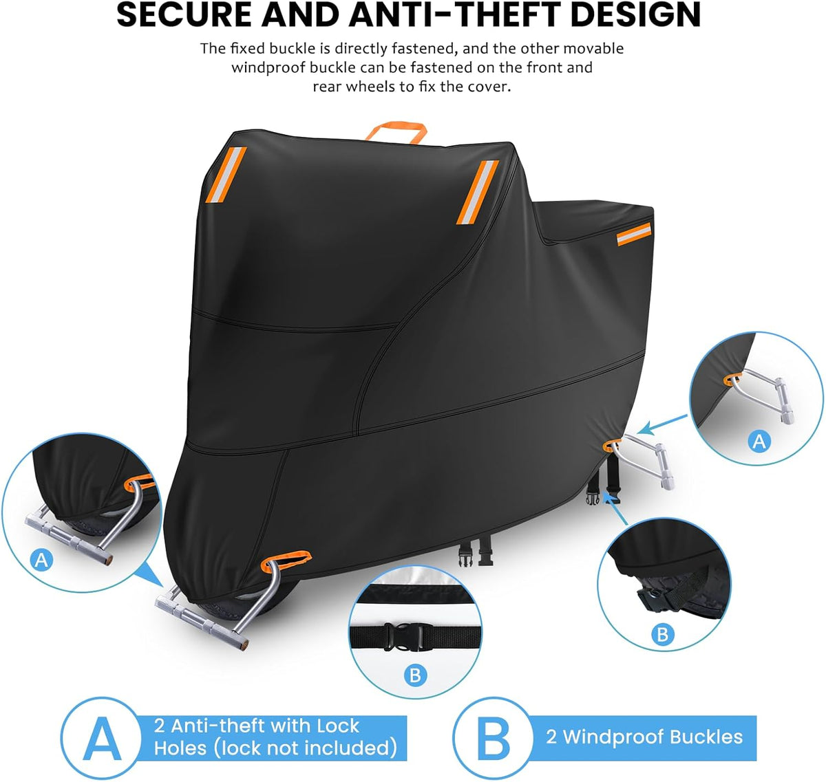 Moped Cover Waterproof Outdoor, Motorbike Scooter Covers for Outside Sun Rain Dust Protection with 4 Reflective Strips and 2 Fixed Buckles, 2 Lock-Holes for Motorcycle Sportbike (M: 79 x 35 x 39 inch)