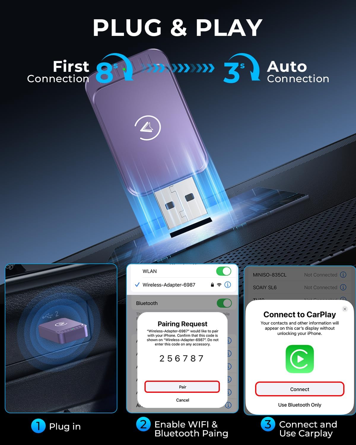 AuroraLink Wireless Carplay Adapter & Android Auto Wireless Adapter 2-in-1 Fast & Stable Carplay Wireless Adapter Convert Wired to Wireless Car Play Adapter for iOS 10+/Android 11+ (Dark Purple)